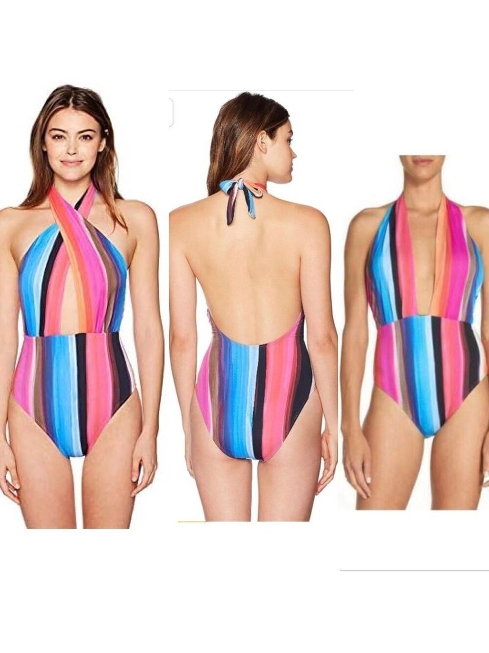 La Blanca Womens Wrap Front Keyhole One Piece Swimsuit pink blue striped Sz 10